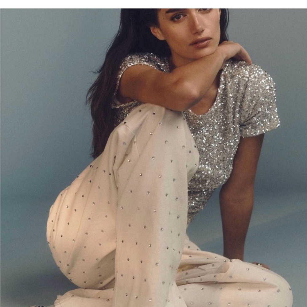 Pilcro for Anthropologie Sparkle Off White Wide Leg Jeans